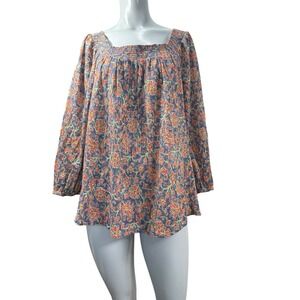 Women's XL chaps Crinkled blue top with red flower‎ print preowned Boho Festival